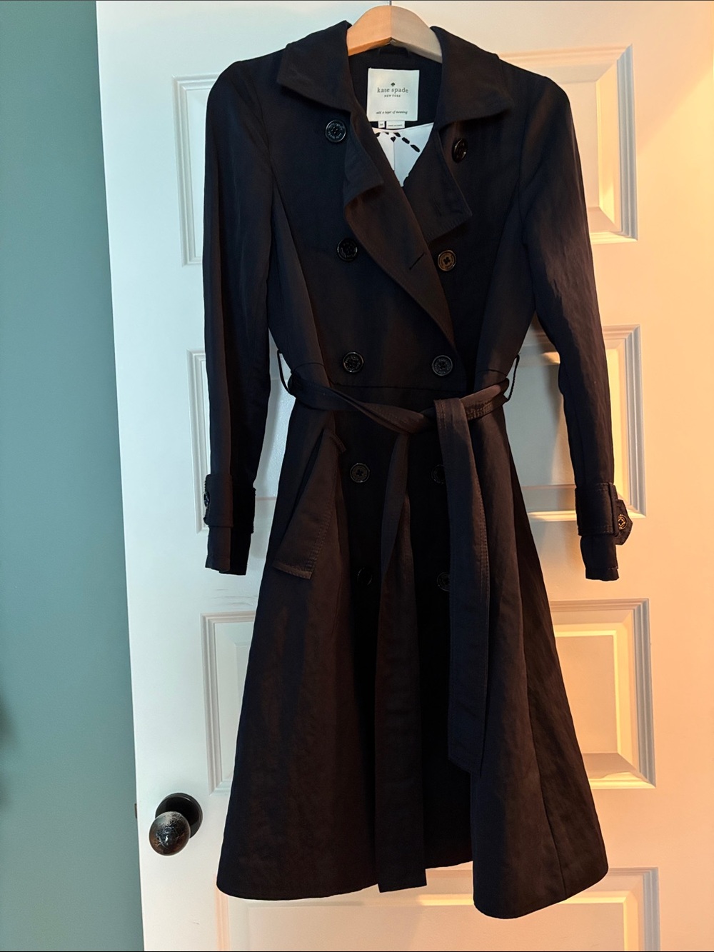 kate spade Black Double-Breasted Trench Coat with Patterned Lining